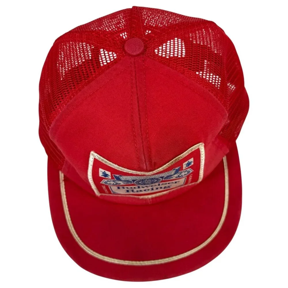 VTG Genuine Budweiser Racing Trucker Hat Red Mesh Snapback Patch Flat Bill USA - Picture 3 of 9